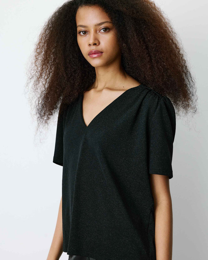 Grace&Mila - V-neck lurex jersey short-sleeve top Basilic-vooraanzicht