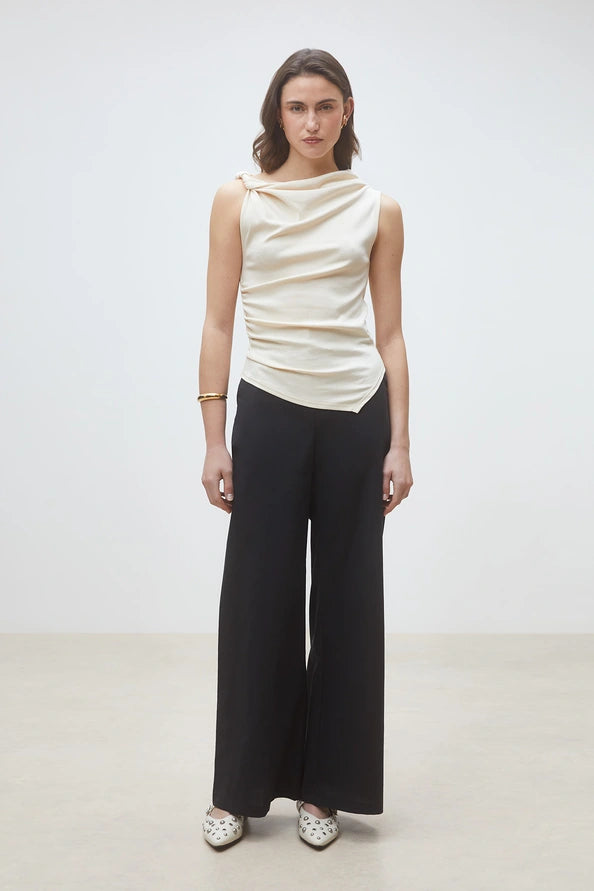 Suncoo - Jet Plain Black Wide-Leg Pants-vooraanzicht